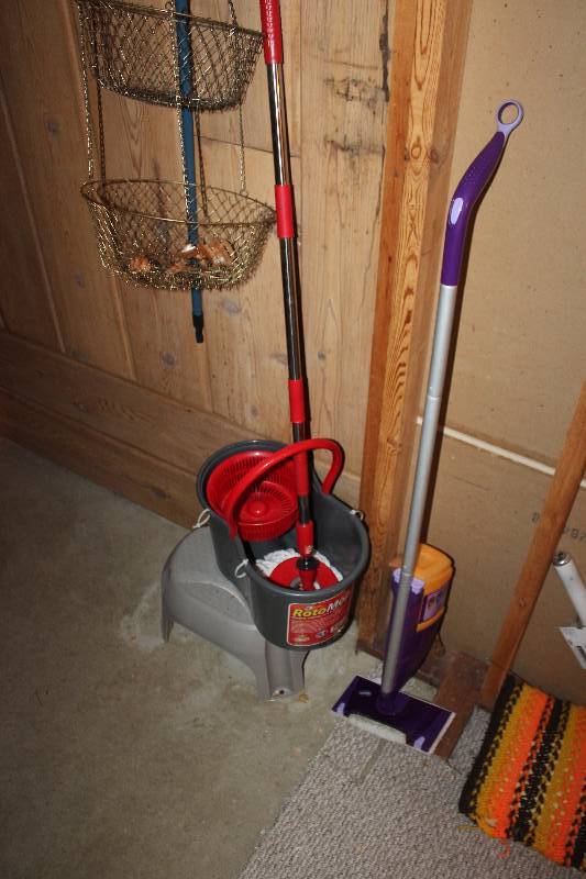 lot 57 image: Mop, Broom, Water Bucket, Swiffer Duster