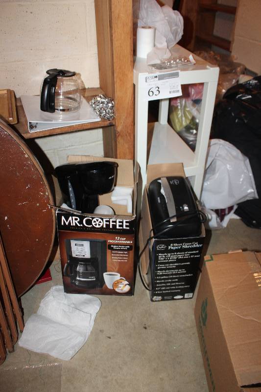 lot 63 image: Mr. Coffee Coffee Maker in Box, Shredder, Plastic Shelf Unit