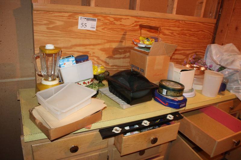 lot 55 image: Contents of Table Includes Blender, Tupperware, Tins, Hand Tools, Housewares, And More