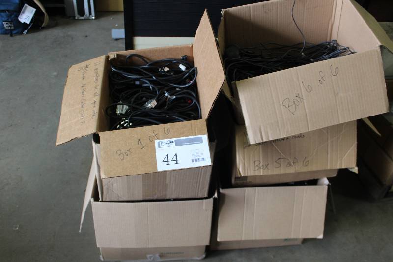 lot 44 image: Lot of (6) Boxes of Electronics Includes 12-Squad Car Video Microphones, 15-Broken RX Power Cable Cords, 22-Dash Video Screens, Wifi Mdems, 18-Grey Network Cards, 22-Black Network Cords, 22-Video Recorder Systems