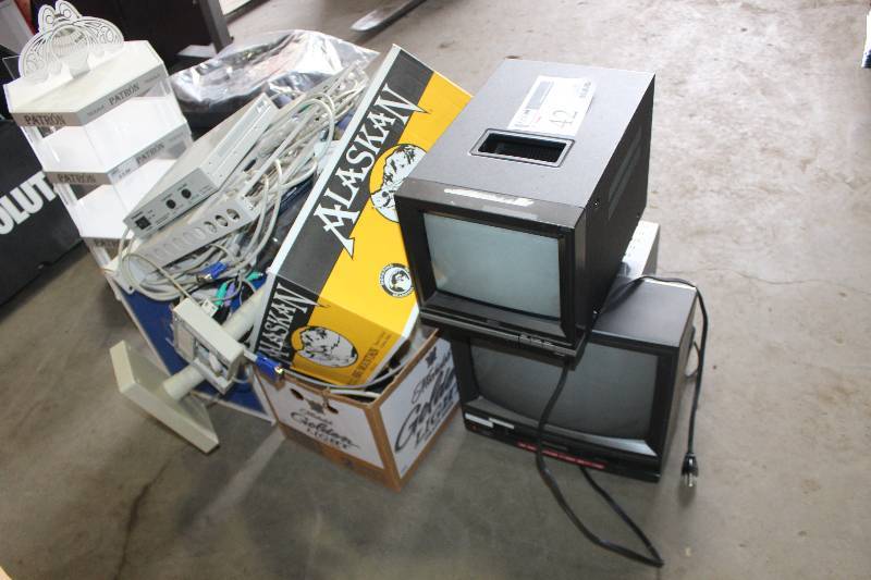lot 42 image: Lot of (3) Boxes of Misc Wires, Cash Terminal Parts, Monitors