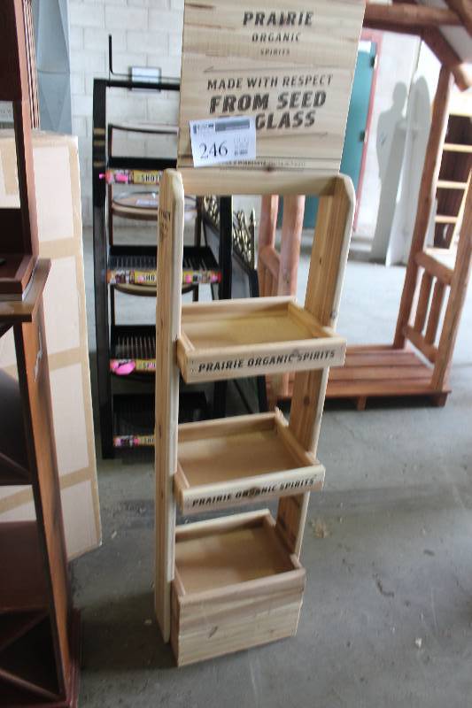 lot 246 image: Prairie Vodka 3-Tier Wood Display Shelf