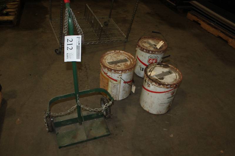 lot 212 image: Lot Includes (1) Two Wheel Welding Tank Cart, (3)  Five Gallon Buckets of 5th Wheel Grease (Partials)