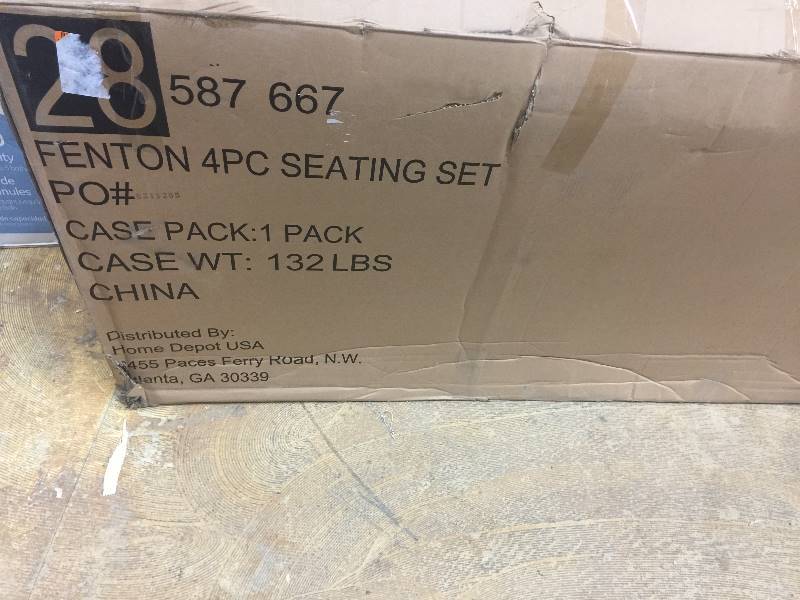 lot 4 image: Hampton Bay Fenton 4-Piece Patio Seating Set with Peacock Java Patio Cushion Model # D9131-4PCKD open box never used