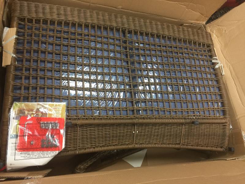 lot 9 image: Hampton Bay Spring Haven Brown All-Weather Wicker Patio Loveseat with Sky Blue Cushions Model#  66-20303  open box never used