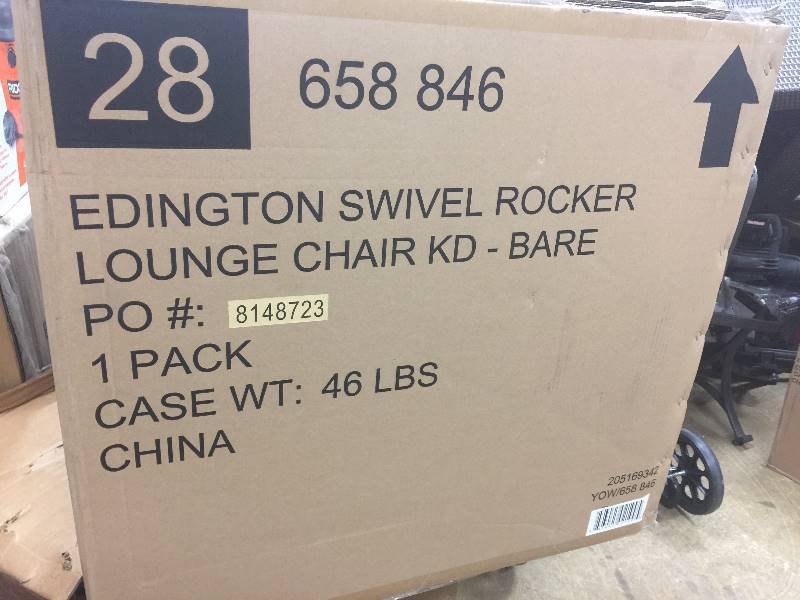 lot 15 image: Hampton Bay Edington Patio Swivel Rocker Lounge Chair with Cushion Insert (Slipcovers Sold Separately) Model#  141-034-SRL1-NF  open box never used