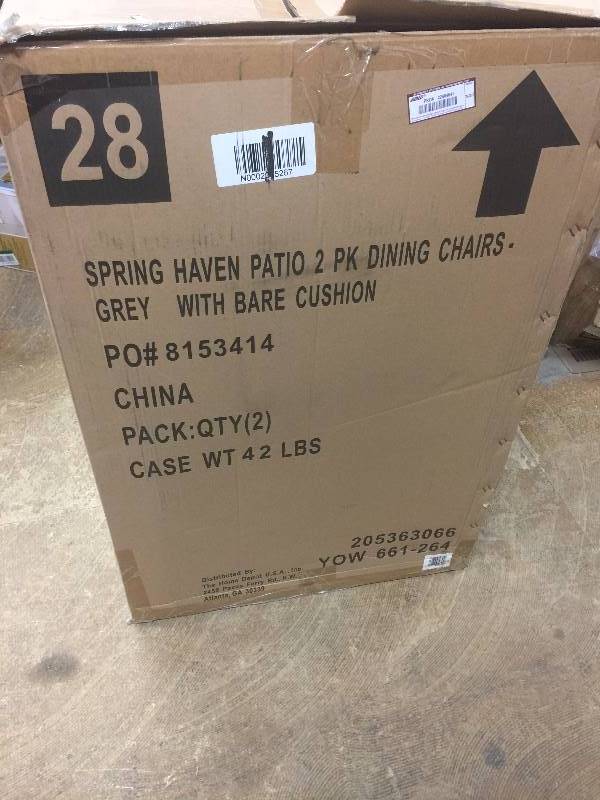 lot 16 image: Hampton Bay   Spring Haven Grey Wicker Patio Dining Chairs with Cushion Insert (2-Pack) (Slipcovers Sold Separately)  open box never used