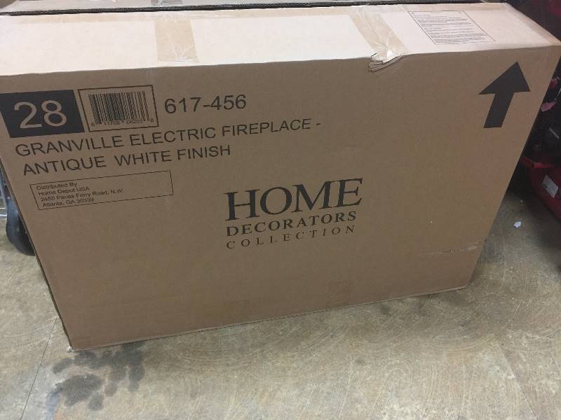 lot 17 image: Home Decorators Collection Granville 43 in. Convertible Media Console Electric Fireplace in Antique White with Faux Stone Surround Model#  82636  open box never used