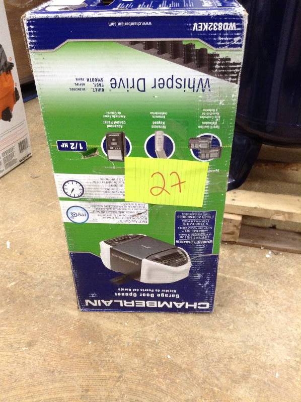lot 27 image: Chamberlain Whisper Drive 12 HP Belt Drive Garage Door Opener with MyQ Technology open box never used