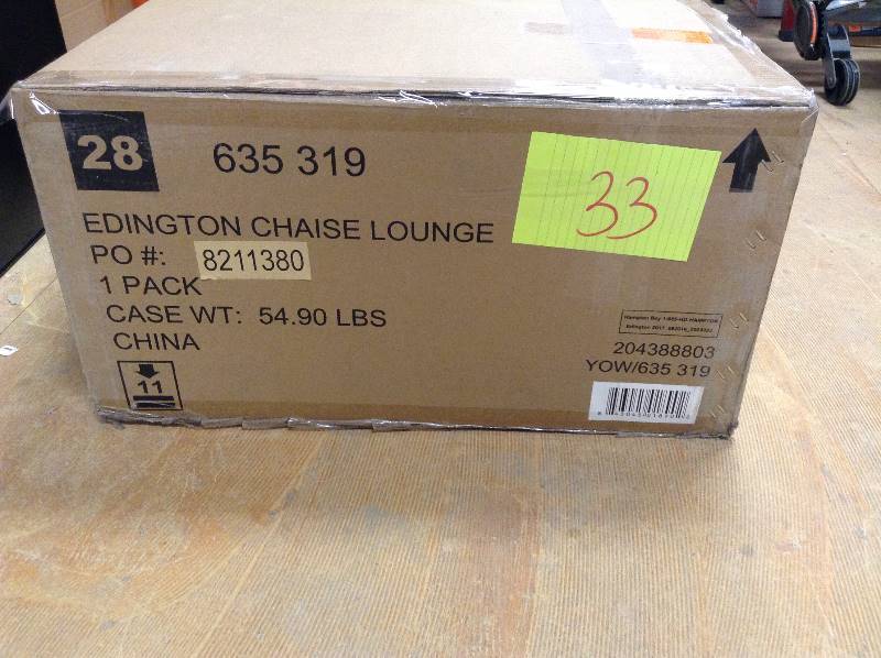 lot 33 image: Hampton Bay Edington Cast Back Adjustable Patio Chaise Lounge with Celery Cushions Model # 141-034-CLCB-KD open box never used