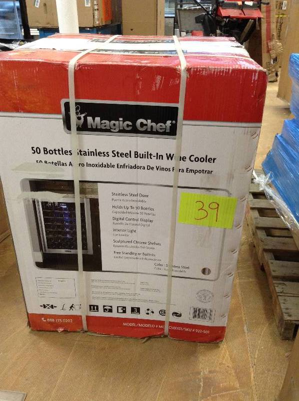 lot 39 image: Magic Chef 50-Bottle Wine Cooler, Stainless Door Model # MCWC50DST New