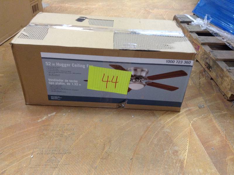 lot 44 image: Hugger 52 in. Brushed Nickel Ceiling Fan Model#  AL383-BN  open box never used
