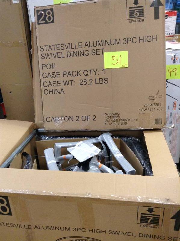 lot 51 image: Hampton Bay Statesville Pewter 3-Piece Outdoor Balcony Height Dining Set open box never used