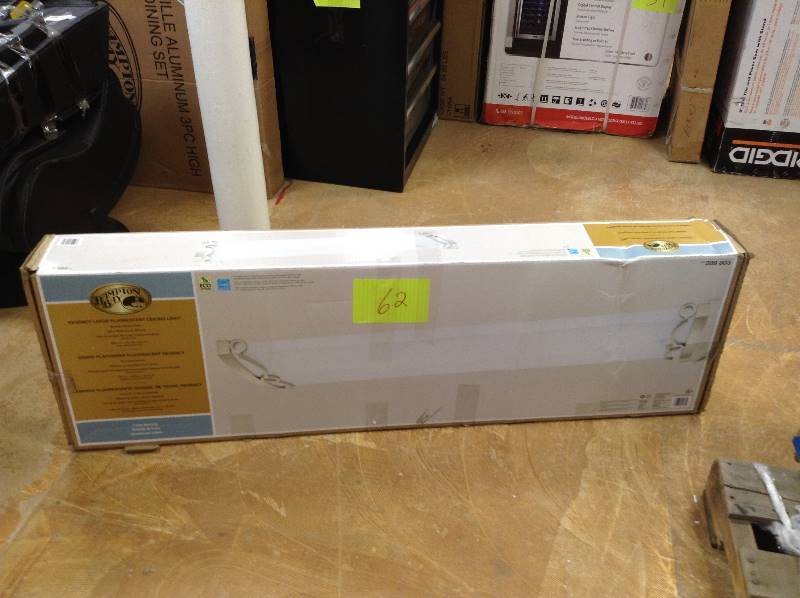 lot 62 image: Hampton Bay Regency 4-Light Brushed Nickel T8 Fluorescent Ceiling Light Model#  HBF1232-35  open box never used