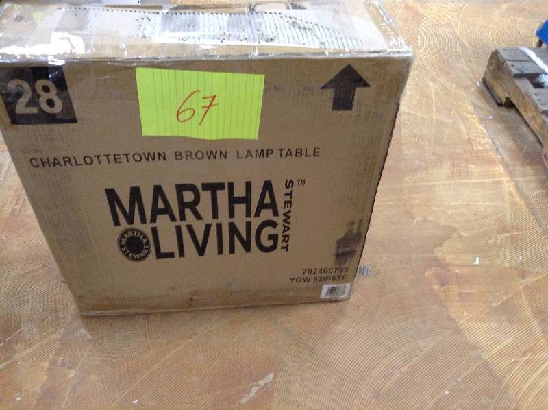 lot 67 image: Martha Stewart Living Charlottetown Brown All-Weather Wicker Patio Accent Table open box never used