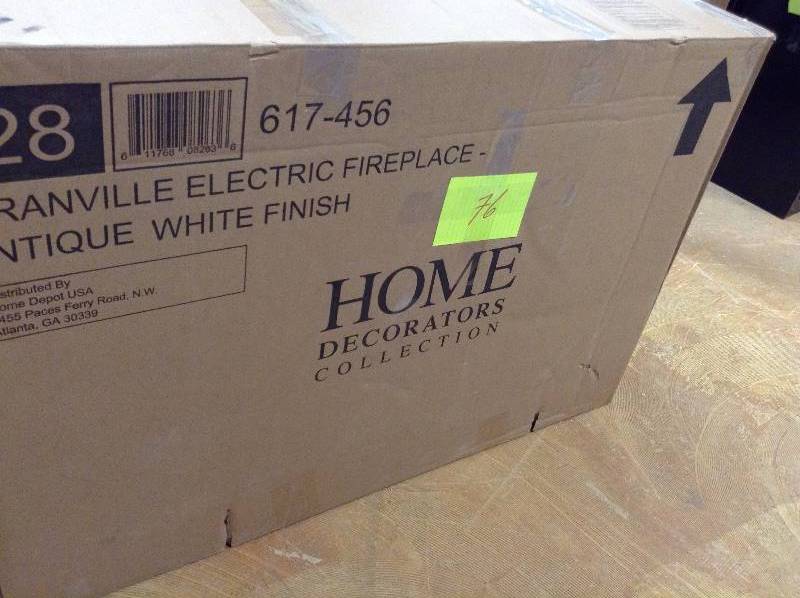 lot 76 image: Home Decorators Collection Granville 43 in. Convertible Media Console Electric Fireplace in Antique White with Faux Stone Surround Model#  82636  open box never used