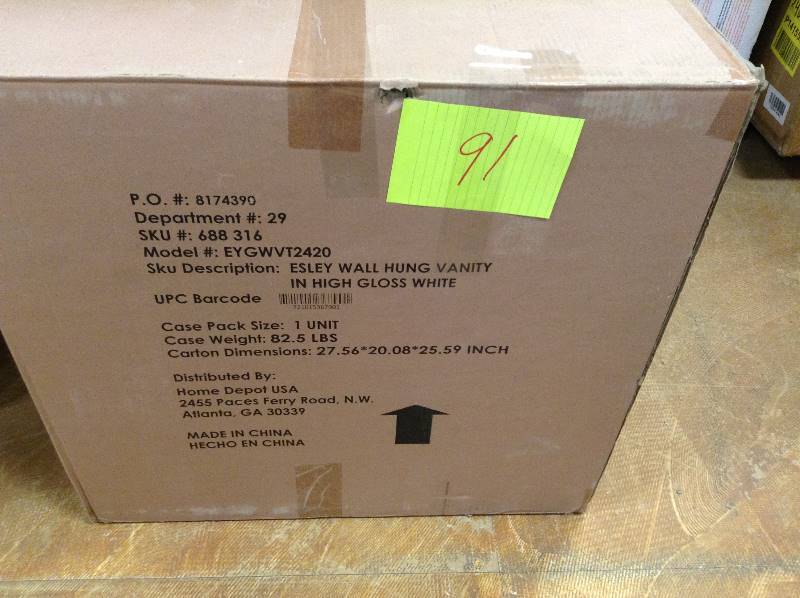 lot 91 image: Schon Esley 23.5 in. Vanity in Gloss White with Vitreous China Vanity Top in White open box never used 23-12 in. W x 15-12 in. D x 21 in. H wall hung vanity provides ample storage in a limited space
