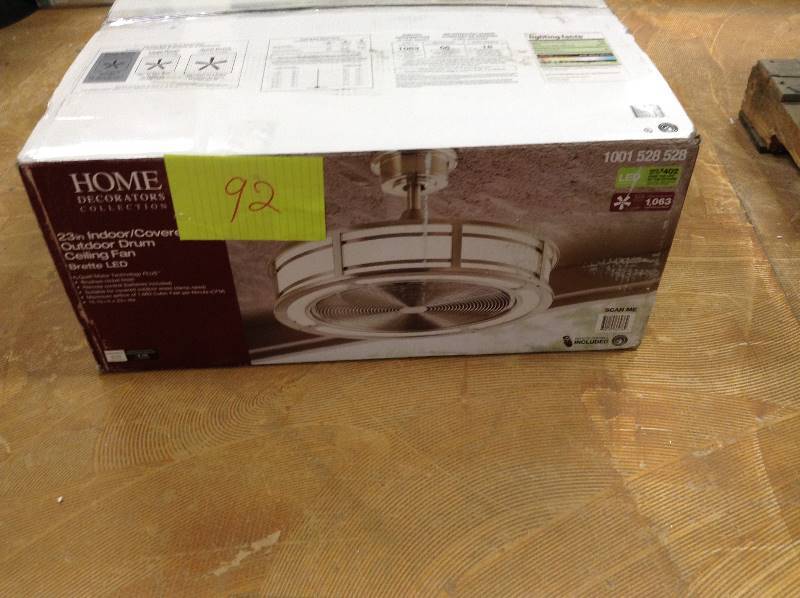 lot 92 image: Home Decorators Collection Brette 23 in. LED IndoorOutdoor Brushed Nickel Ceiling Fan Model#  AM382A-BN  open box never used