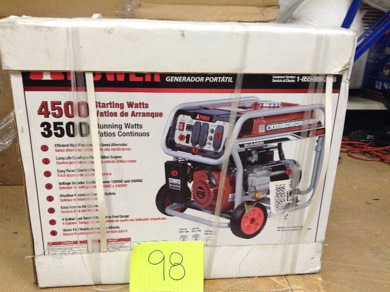 lot 98 image: A-iPower 4500-Watt Gasoline Powered Portable Generator Model # SUA4500 New