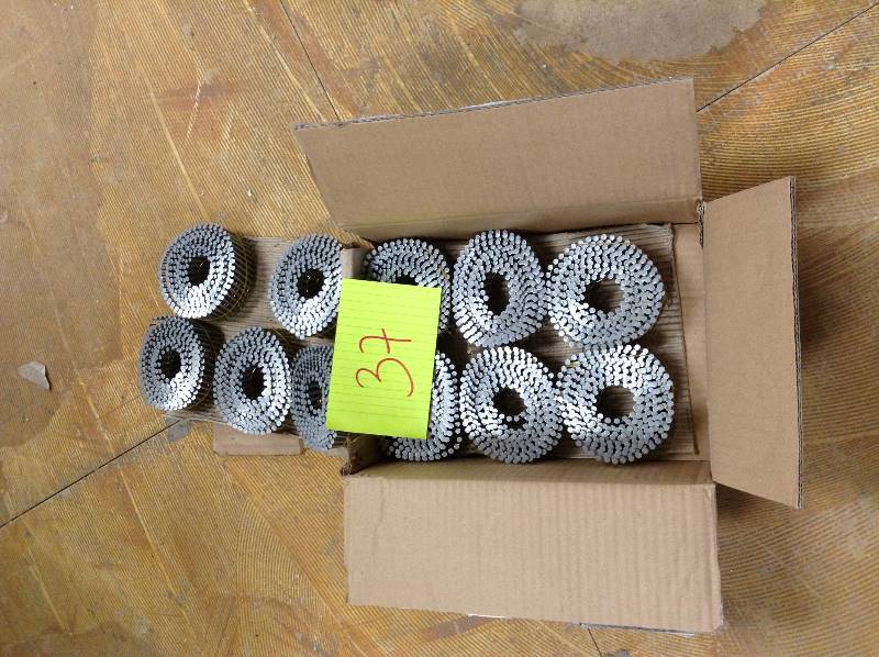 lot 37 image: DEWALT 1-34 in. x 0.092 in. 15-Degree Ring Shank Metal Coil Siding Nails (3600 per Box) Model#  DWC5R90BDSS 