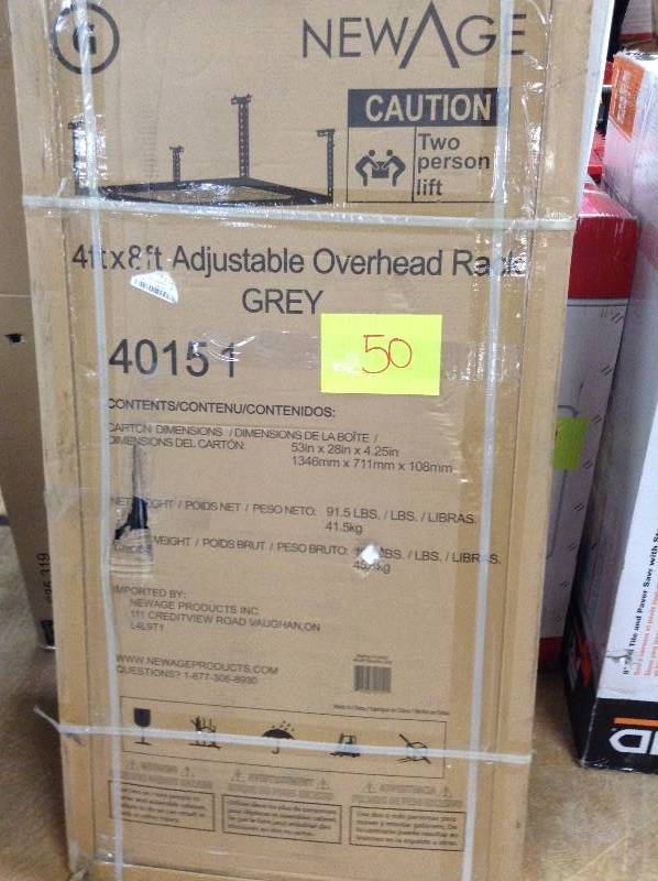 lot 50 image: NewAge Products Performance 96 in. L x 48 in. W x 42 in. H Adjustable VersaRac Ceiling Storage Rack in Gray open box never used