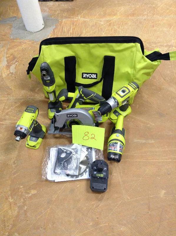 lot 82 image: Ryobi ONE 18-Volt Lithium-Ion 5-Tool Ultimate Combo Kit  in like new working conditions come whit 2 batterries and charger
