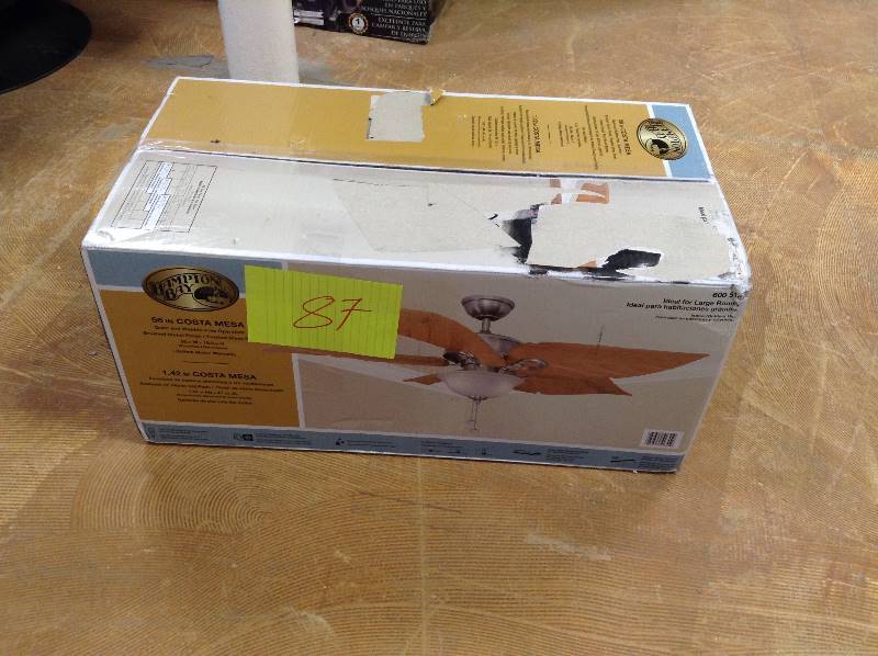 lot 87 image: Hampton Bay Costa Mesa 56 in. IndoorOutdoor Brushed Nickel Ceiling Fan Model#  51655  open box never used