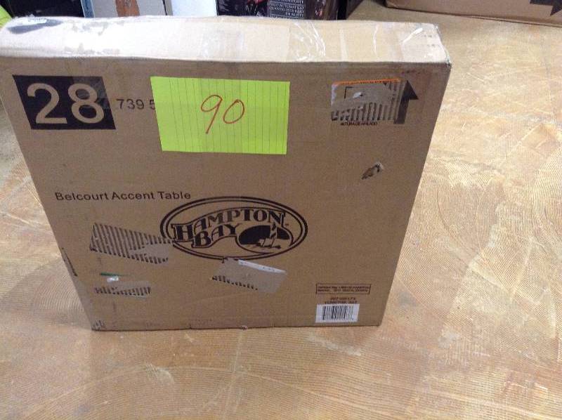 lot 90 image: Hampton Bay Belcourt Metal Square Outdoor Side Table open box never used Model # D11334-TS