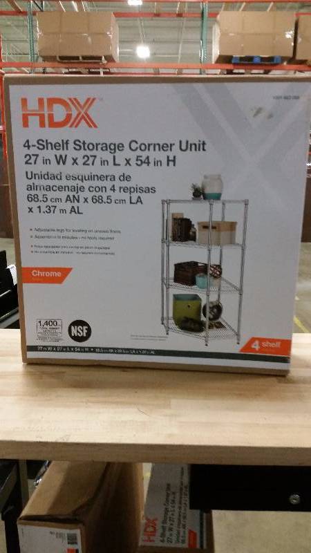 lot 76 image: HDX 4 tier steel corner shelving unit (chrome)
