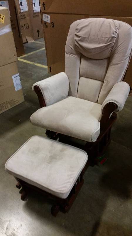 lot 93 image: Shermag Stanton transitional style glider rocker and ottoman (cherry wood, white)