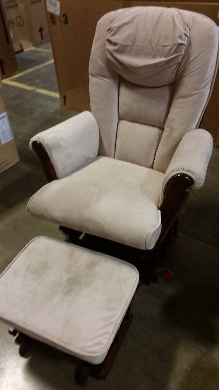 lot 94 image: Shermag Stanton transitional style glider rocker and ottoman (cherry wood, white)