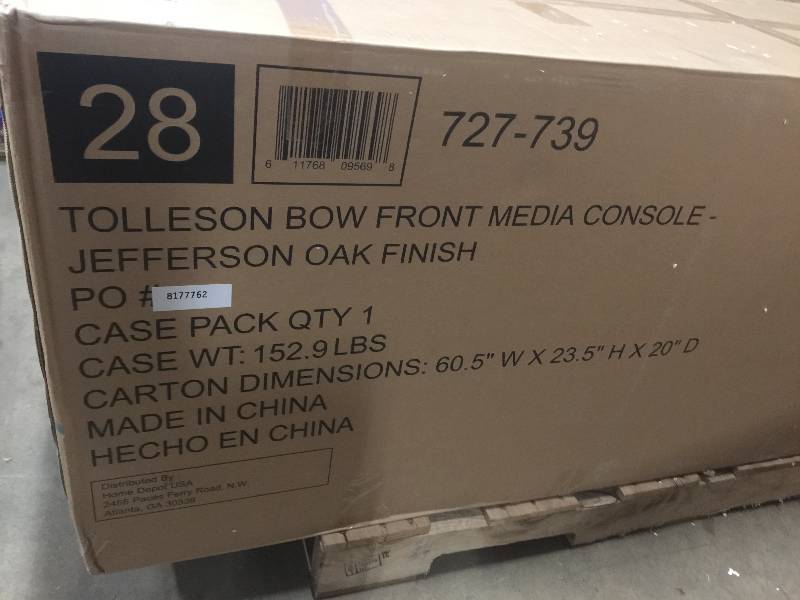 lot 2 image: Home Decorators Collection Tolleson 56 in. Media Console Infrared Bow Front Electric Fireplace in Oak open box never used Model # 95698