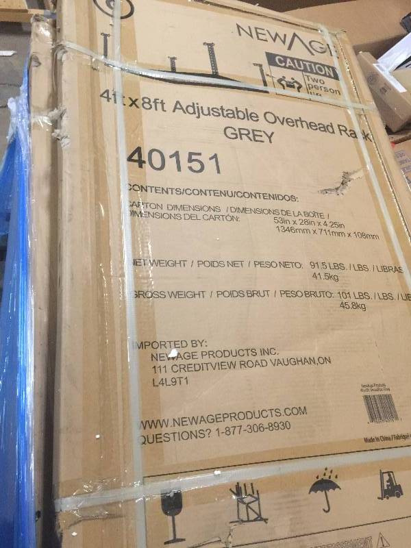 lot 3 image: NewAge Products Performance 96 in. L x 48 in. W x 42 in. H Adjustable VersaRac Ceiling Storage Rack in Gray open box never used Model # 40151