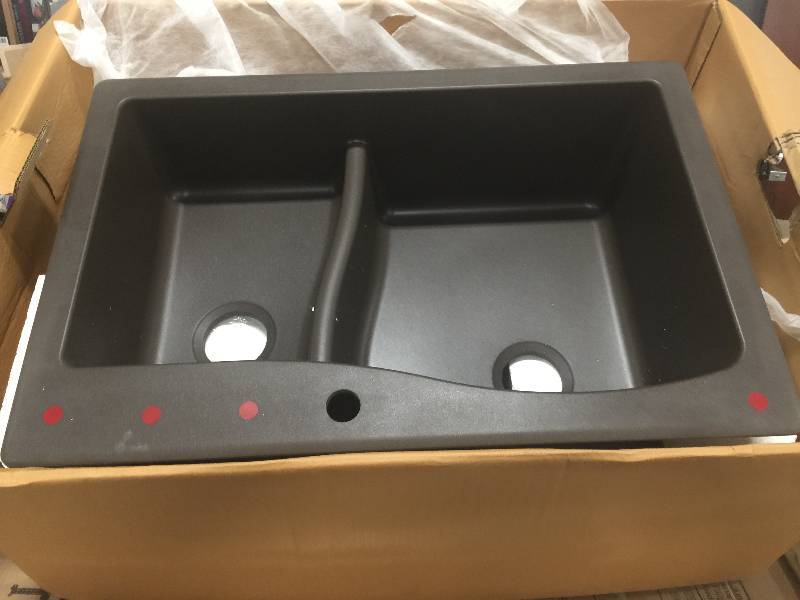 lot 7 image: Elkay by Schock Dual Mount Quartz Composite 33 in. Double Bowl Kitchen Sink in Black Model # HDDBD33229QB no used