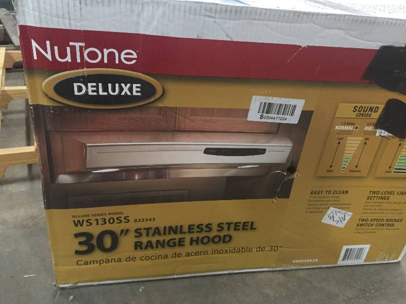 lot 8 image: NuTone Allure I Series 30 in. Convertible Range Hood in Stainless Steel Model # WS130SS not used