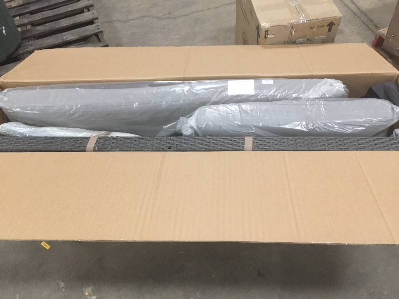 lot 14 image: Hampton Bay Posada Patio Chaise Lounge with Gray Cushion Model#  153-120-CL  open box never used