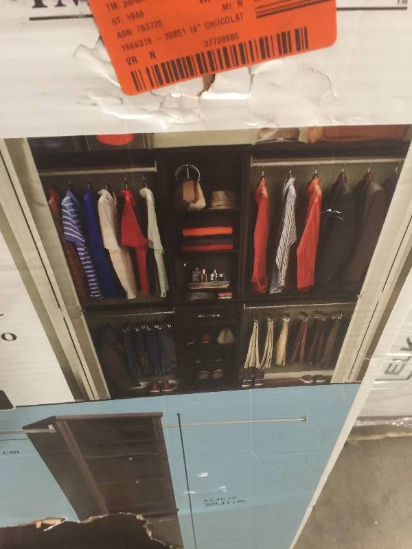 lot 23 image: ClosetMaid Impressions 4 ft. to 9 ft. W Chocolate Narrow Closet Kit Model#  30851  open box not used