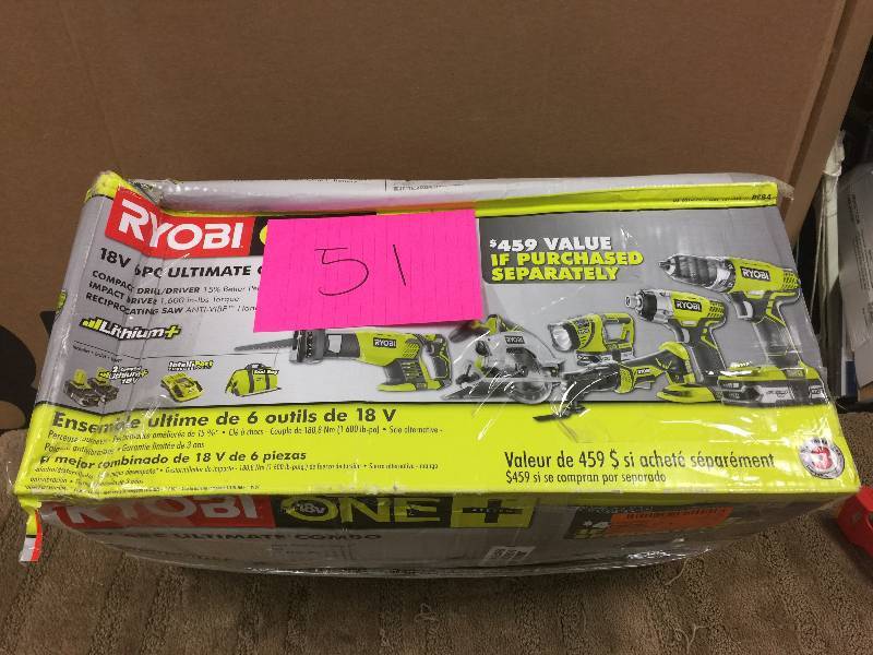 lot 51 image: Ryobi ONE 18-Volt Lithium-Ion Ultimate Combo Kit (6-Tool) Model#  P884  open box never used