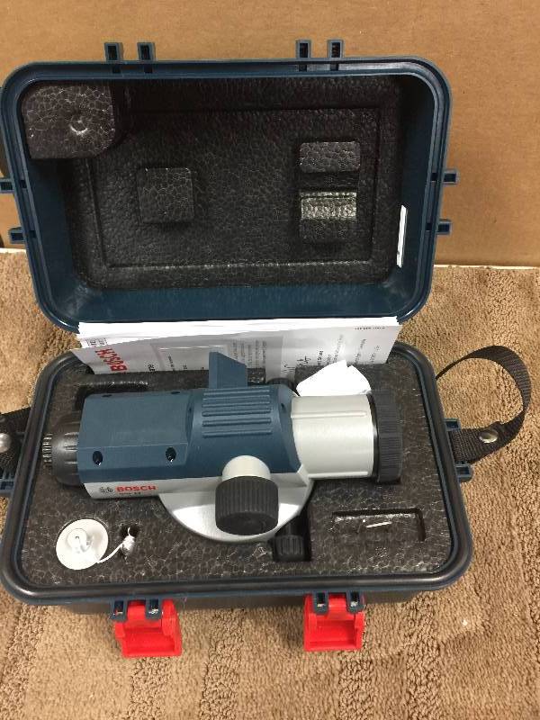 lot 53 image: Bosch 11.75 in. Automatic Optical Level Kit with 24x Magnification Power Lens  Model#  GOL 24 open box never used