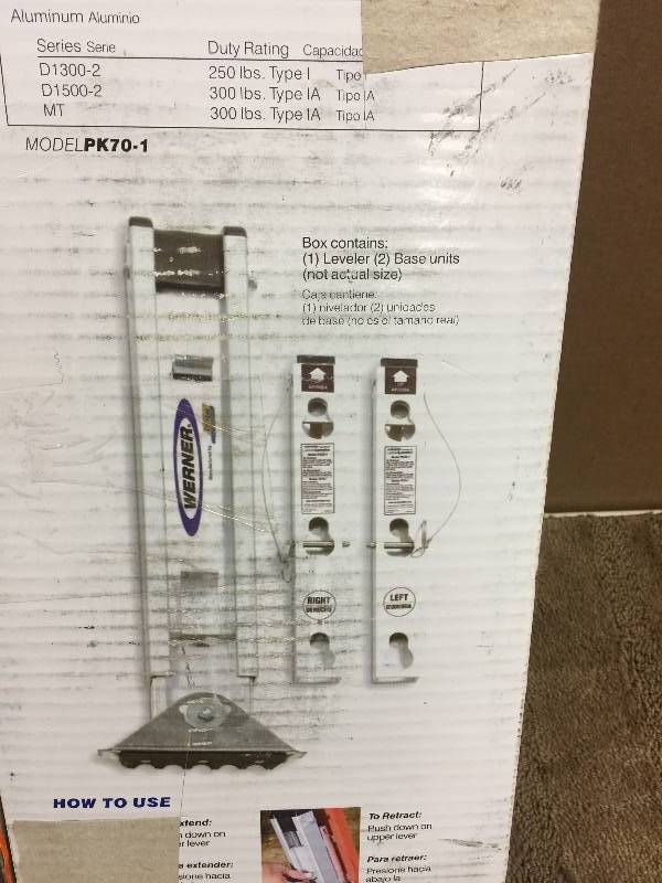 lot 54 image: Werner Quick-Click 4 in. x 8 in. x 20-58 in. Ladder Leg Leveler open box never used Model # PK70-1