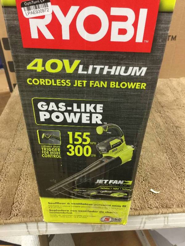 lot 58 image: Ryobi 155 MPH 300 CFM 40-Volt Lithium-Ion Cordless Jet Fan Blower Model # RY40411 open box never used