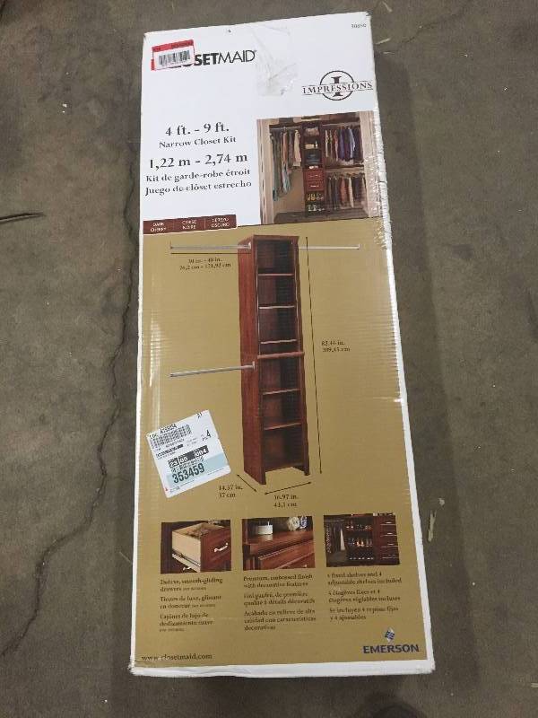 lot 27 image: ClosetMaid  Impressions 4 ft. to 9 ft. W Dark Cherry Narrow Closet Kit  Model # 30850 open box never used