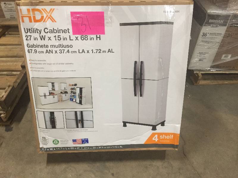 lot 31 image: HDX 27 in. W 4-Shelf Plastic Multi-Purpose Tall Cabinet in Gray not used Model # 221874