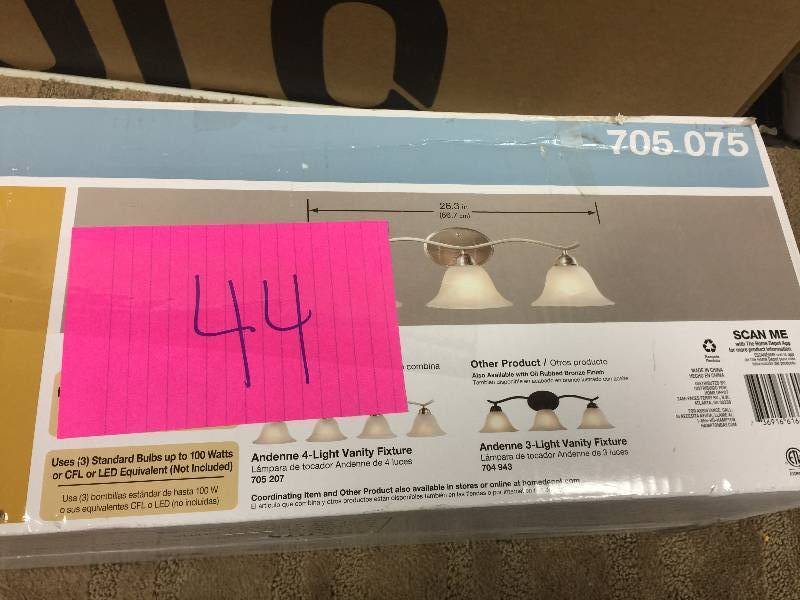 lot 44 image: Hampton Bay Andenne 3-Light Brushed Nickel Bath Vanity Light Model#  705075  open box never used