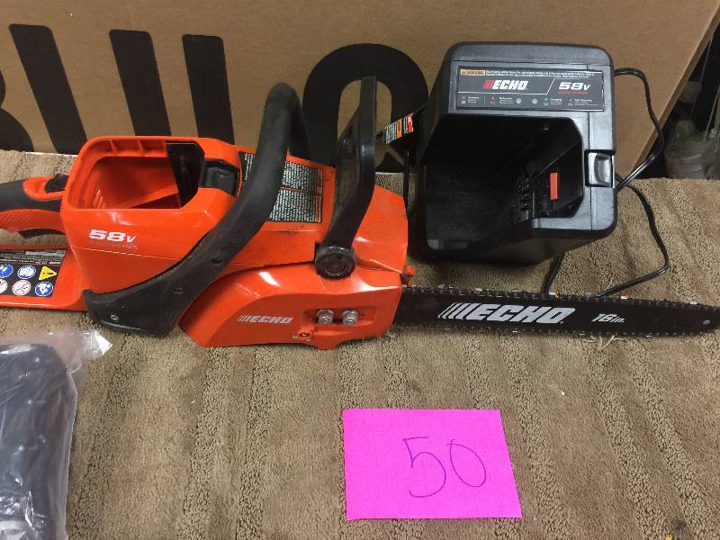 lot 50 image: ECHO 16 in. 58-Volt Lithium-Ion Brushless Cordless Chainsaw in working conditions Includes 58-Volt 4.0 Ah lithium-ion battery