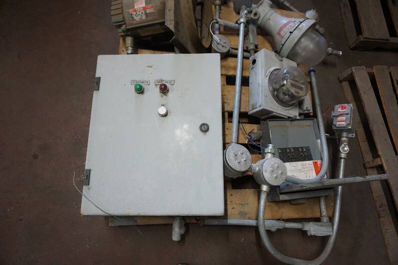 Pallet of Assorted Hazardous Lighting Location Fixtures, Wiring, and Control Panels