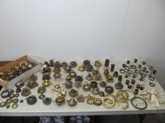 lot 36 image: MASSIVE Lot of Antique Oil Lamps Burners & Accessories