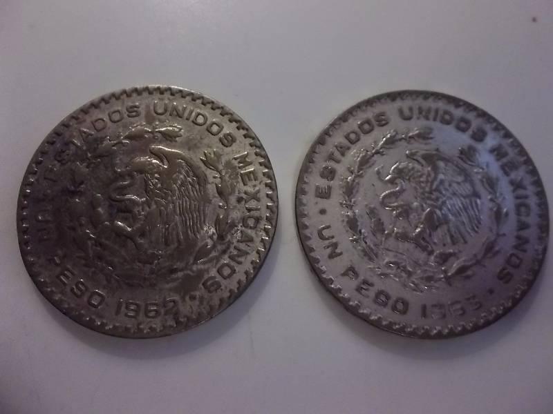 1962, 1965 Mexican Silver Pesos .5104 Oz Each.