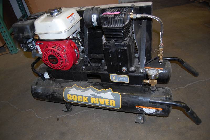 lot 18 image: 5.5hp Honda Powered Dual 8gal Wheelbarrow Belt Driven Rock River Portable Gas Air Compressor