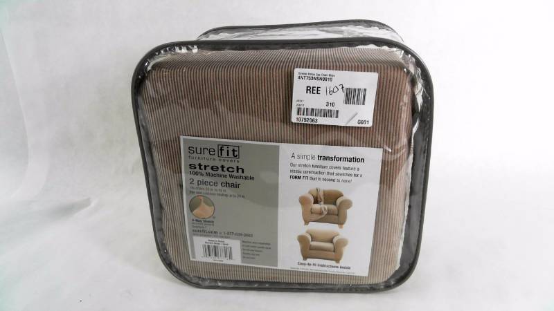 lot 1607 image: Stretch Stripe 2pc Chair Slip Cover Sand